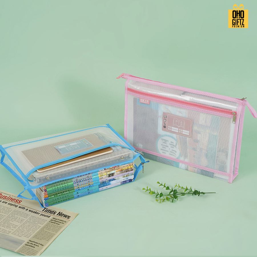 กระเป๋าแฟ้ม PVC ตาข่าย มีซิป 1 ชั้น 2 ชั้น สกรีนโลโก้ ทำเป็นของพรีเมี่ยม ของชำร่วยได้