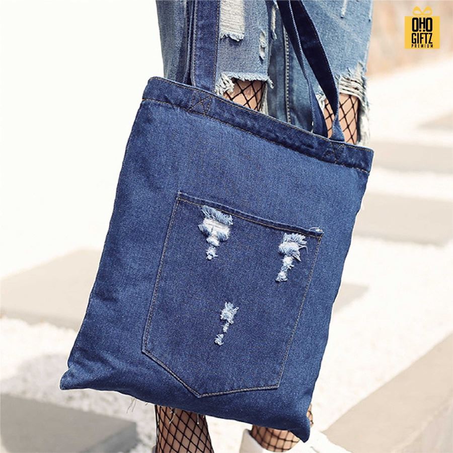 กระเป๋าผ้ายีนส์ สกรีนโลโก้ ทำเป็นของพรีเมี่ยมได้