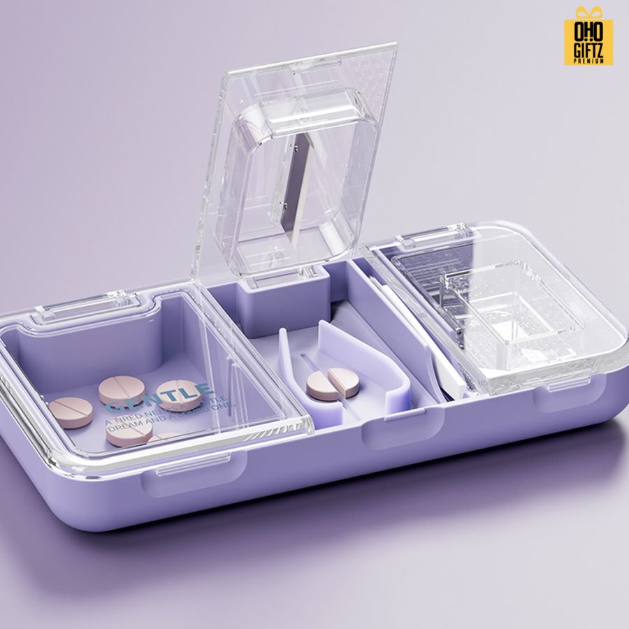 กล่องเก็บยา ตัดยาบดยา 3in1 สกรีนชื่อ สกรีนโลโก้ ทำเป็นของพรีเมี่ยมได้