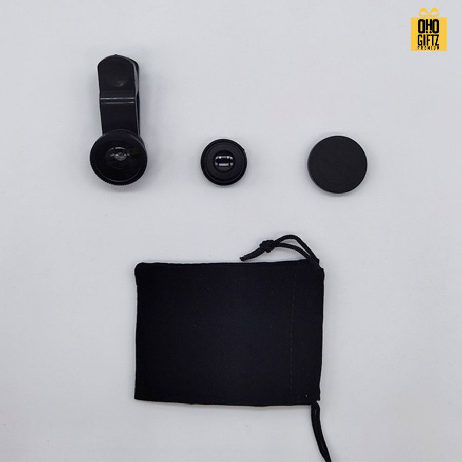 คลิปหนีบเลนส์ Fisheye และ  Macro สำหรับมือถือพร้อมถุงใส่ 1 ชุดมีเลนส์ 2 ชิ้น สกรีนโลโก้ ทำเป็นของพรีเมี่ยมได้
