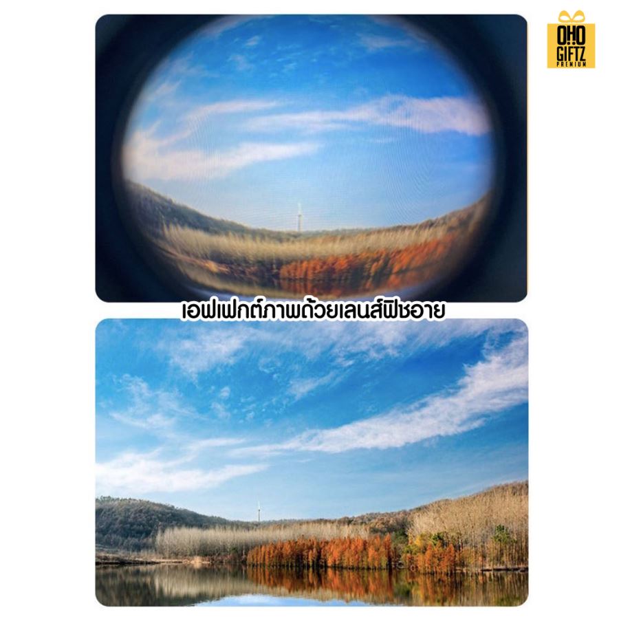 คลิปหนีบเลนส์ Fisheye และ  Macro สำหรับมือถือพร้อมถุงใส่ 1 ชุดมีเลนส์ 2 ชิ้น สกรีนโลโก้ ทำเป็นของพรีเมี่ยมได้