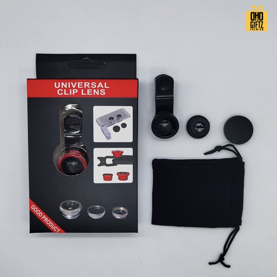 คลิปหนีบเลนส์ Fisheye และ  Macro สำหรับมือถือพร้อมถุงใส่ 1 ชุดมีเลนส์ 2 ชิ้น สกรีนโลโก้ ทำเป็นของพรีเมี่ยมได้