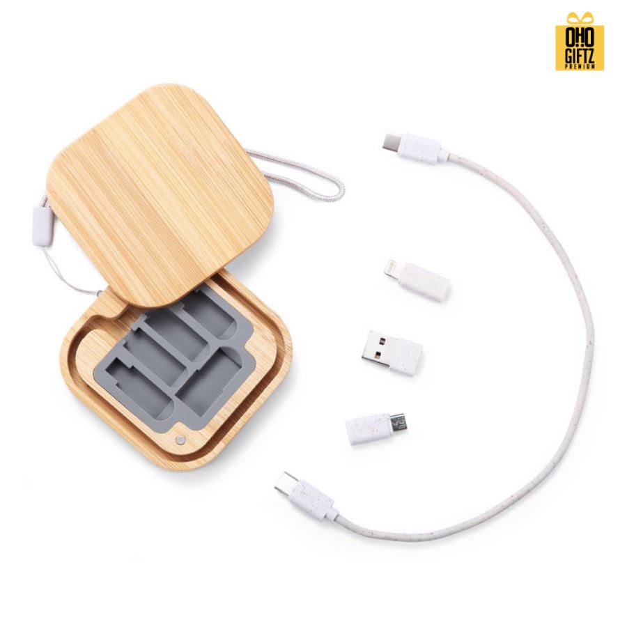 ชุดสายชาร์จตลับไม้ สกรีนชื่อ,โลโก้ ทำเป็นของพรีเมี่ยมได้