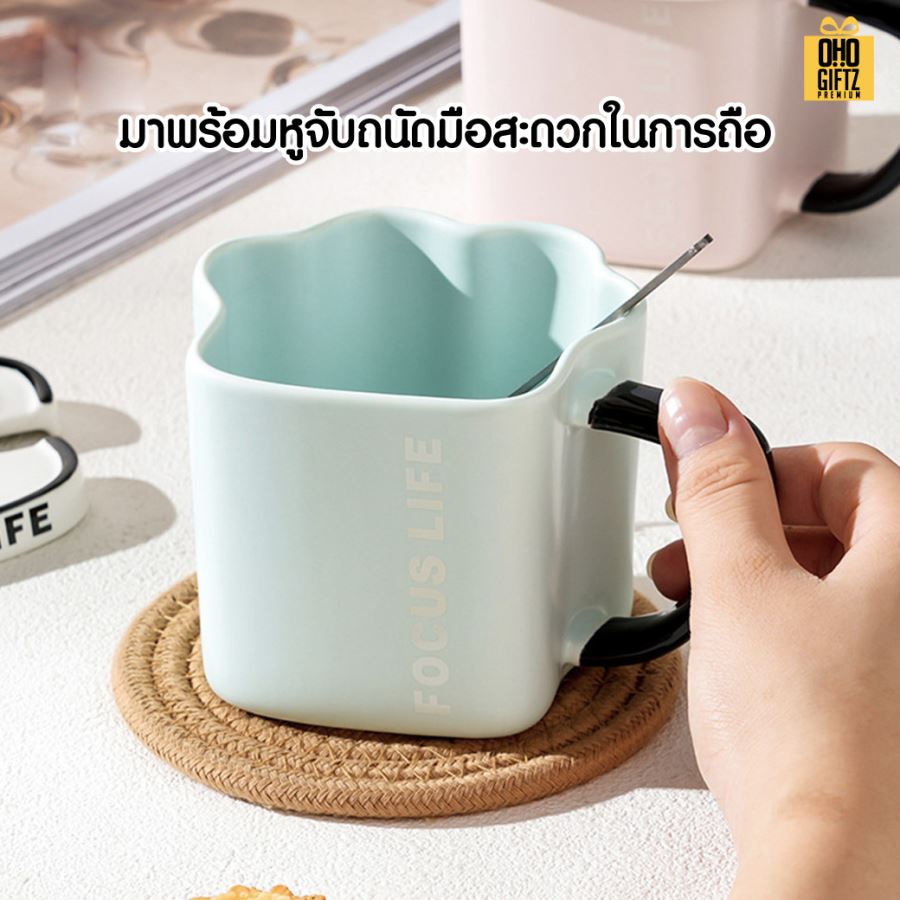 แก้วเซรามิคฝาปิดเท้าแมว สกรีนชื่อ สกรีนโลโก้ ทำเป็นของพรีเมี่ยมได้