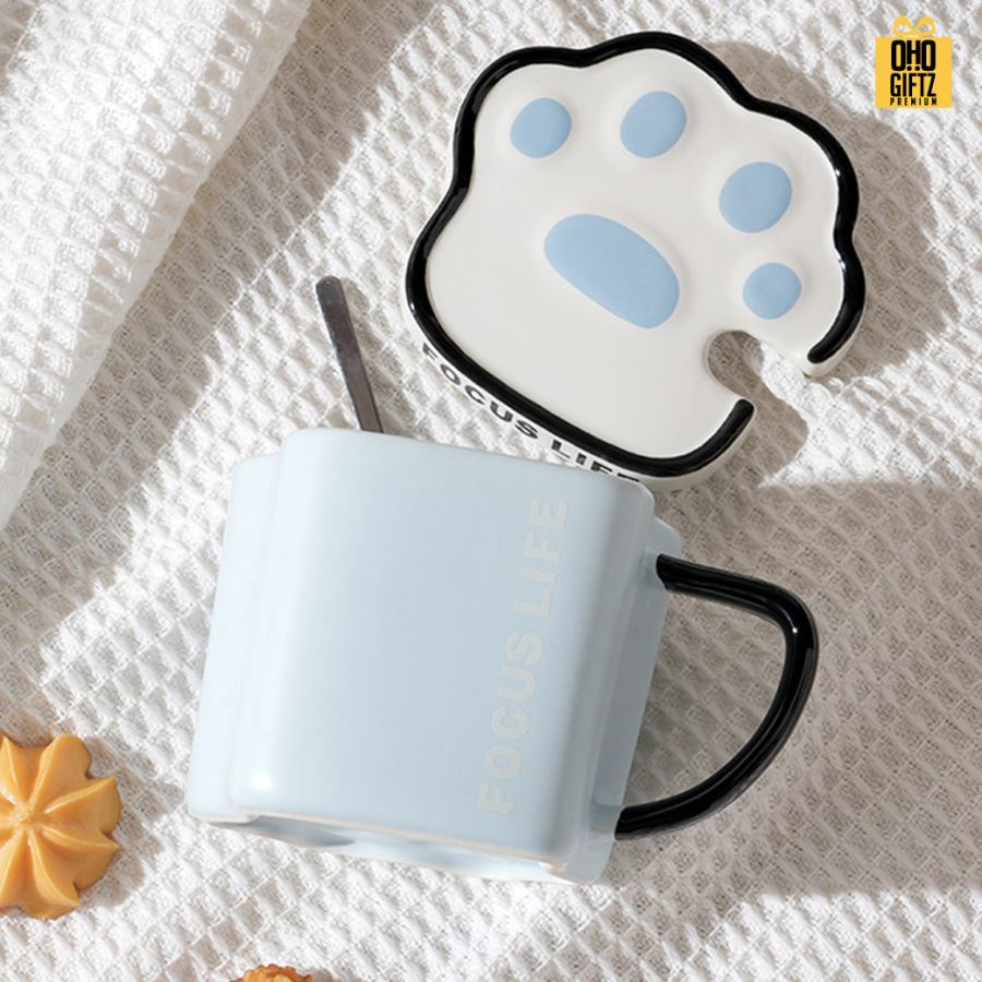 แก้วเซรามิคฝาปิดเท้าแมว สกรีนชื่อ สกรีนโลโก้ ทำเป็นของพรีเมี่ยมได้