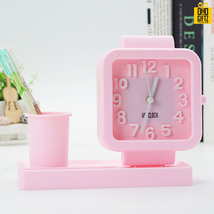 นาฬิกาปลุกทรงเหลี่ยมพร้อมที่ใส่่ปากกา สกรีนโลโก้ ทำเป็นของพรีเมี่ยมได้