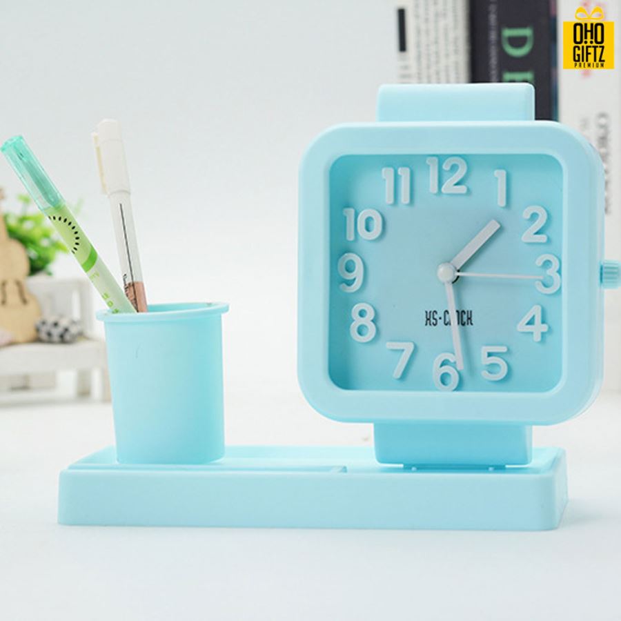นาฬิกาปลุกทรงเหลี่ยมพร้อมที่ใส่่ปากกา สกรีนโลโก้ ทำเป็นของพรีเมี่ยมได้