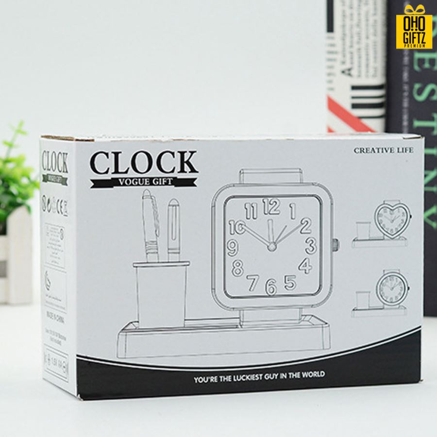 นาฬิกาปลุกทรงเหลี่ยมพร้อมที่ใส่่ปากกา สกรีนโลโก้ ทำเป็นของพรีเมี่ยมได้