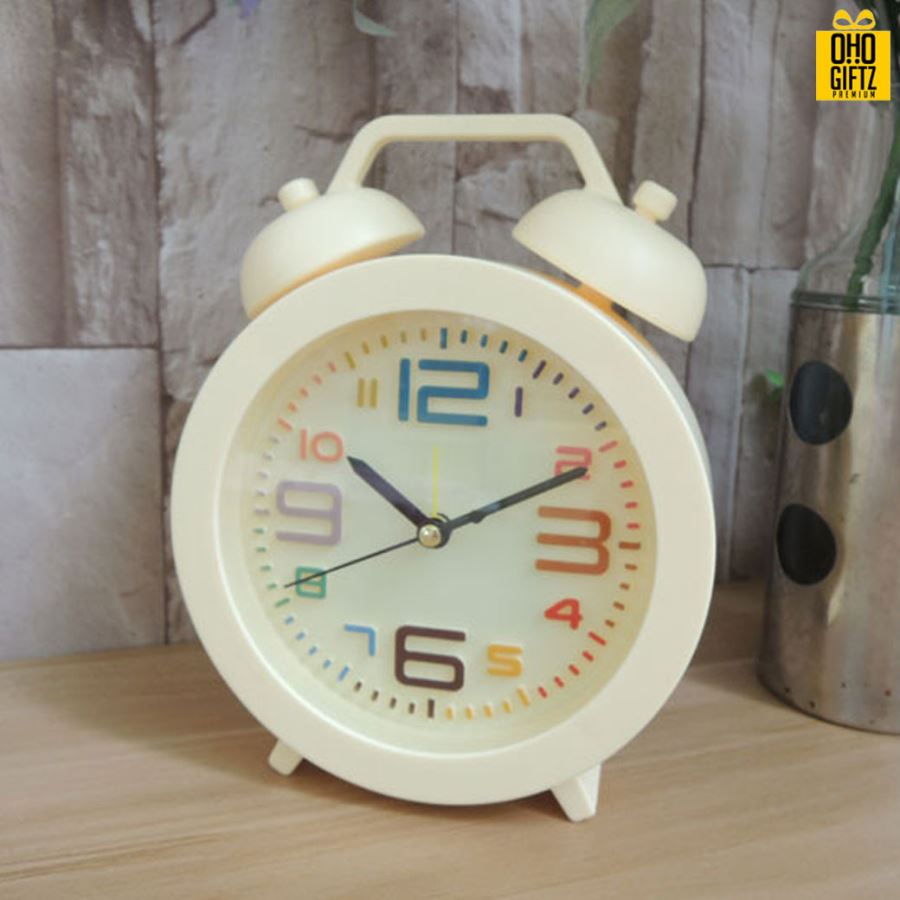 นาฬิกาตั้งโต๊ะทรงกลมสีลูกกวาด สกรีนโลโก้ ทำเป็นของพรีเมี่ยมได้