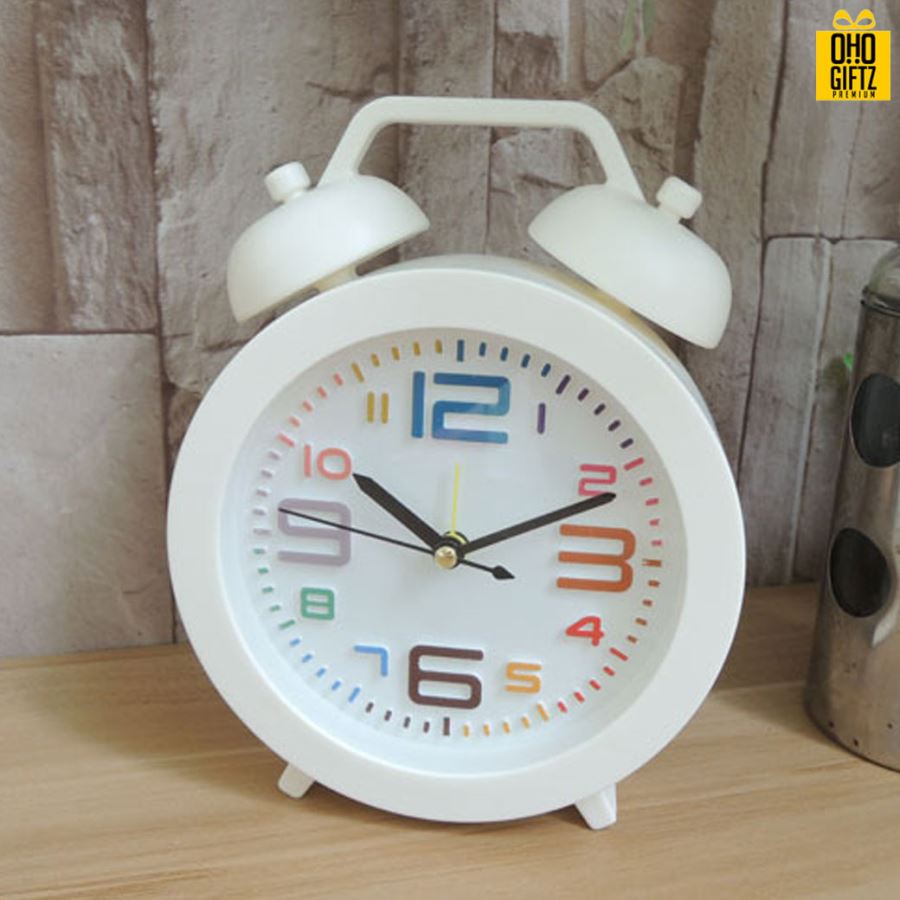 นาฬิกาตั้งโต๊ะทรงกลมสีลูกกวาด สกรีนโลโก้ ทำเป็นของพรีเมี่ยมได้