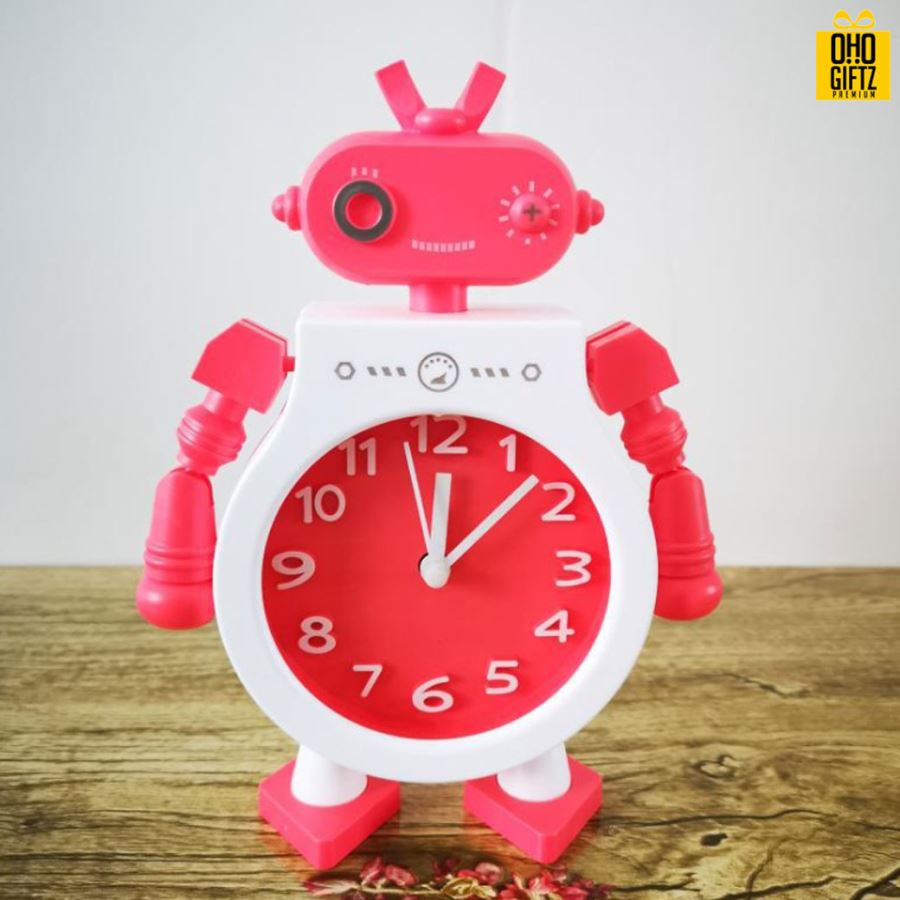 นาฬิกาพลาสติกตั้งโต๊ะรูปหุ่นยนต์ สกรีนโลโก้ ทำเป็นของพรีเมี่ยมได้