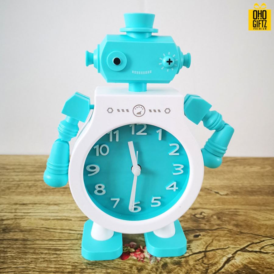 นาฬิกาพลาสติกตั้งโต๊ะรูปหุ่นยนต์ สกรีนโลโก้ ทำเป็นของพรีเมี่ยมได้