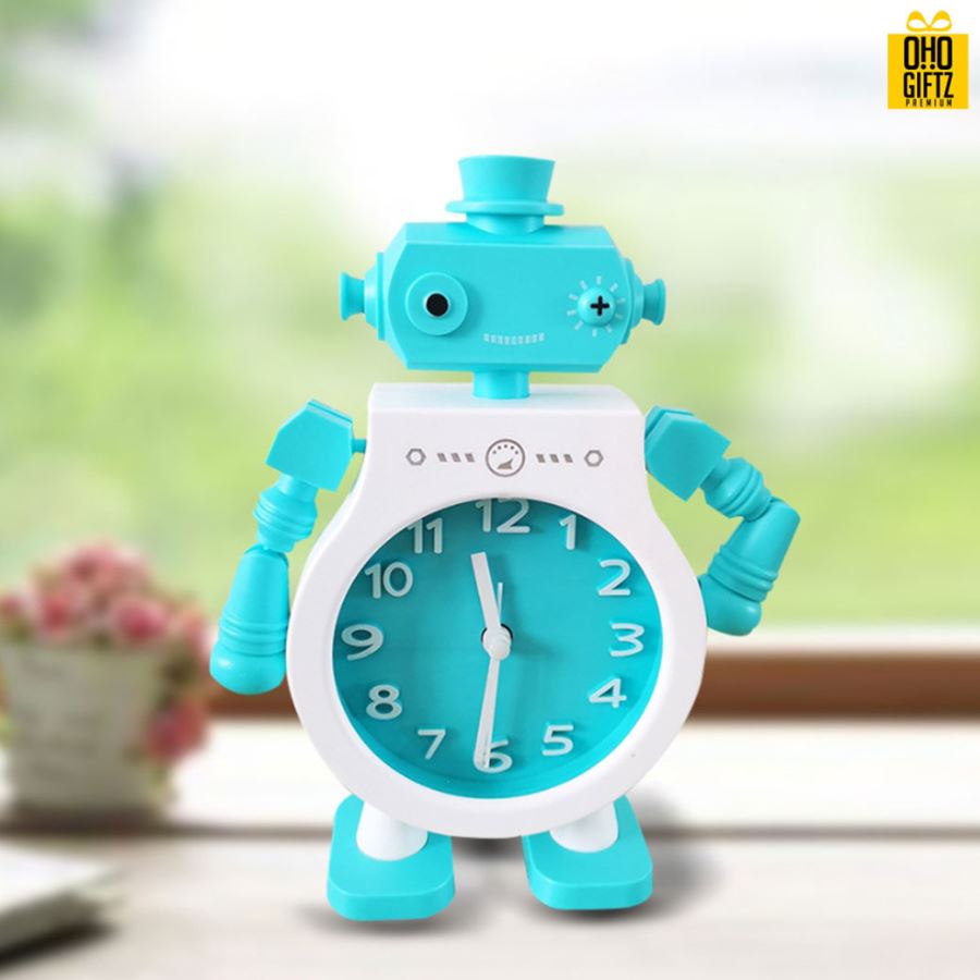 นาฬิกาพลาสติกตั้งโต๊ะรูปหุ่นยนต์ สกรีนโลโก้ ทำเป็นของพรีเมี่ยมได้