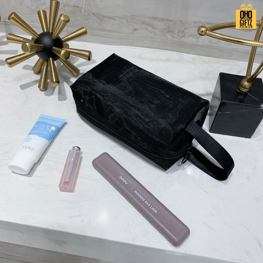 กระเป๋าใส่เครื่องสำอางตาข่าย สกรีนโลโก้  ทำเป็นของพรีเมี่ยมได้