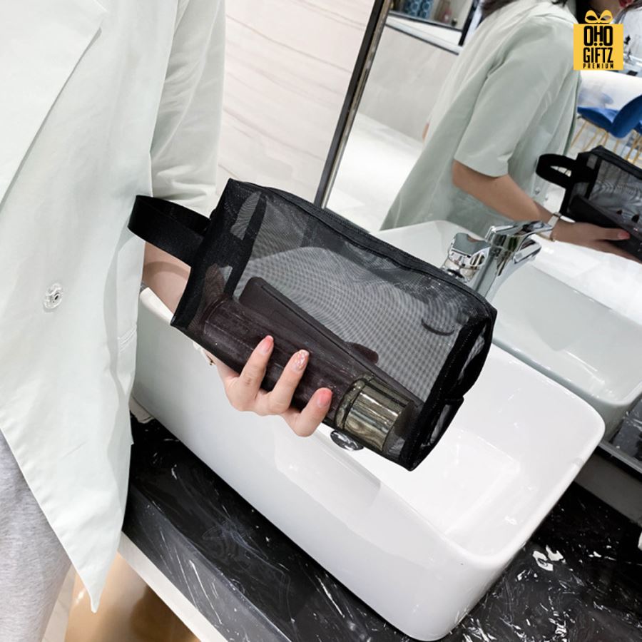 กระเป๋าใส่เครื่องสำอางตาข่าย สกรีนโลโก้  ทำเป็นของพรีเมี่ยมได้