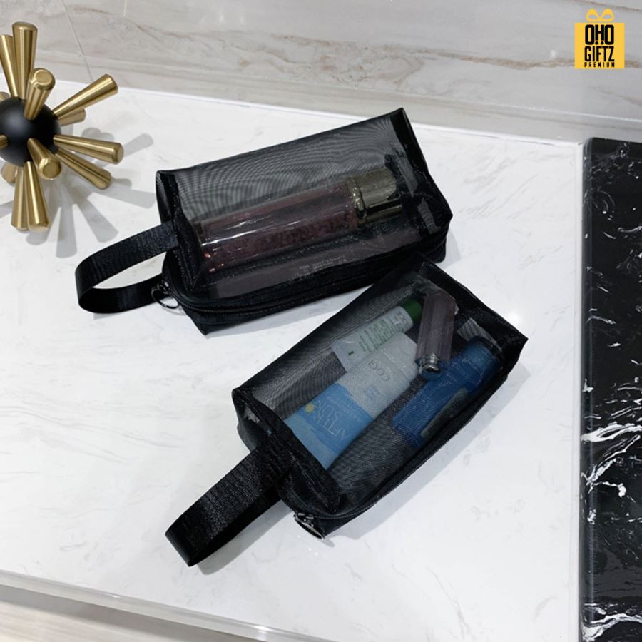 กระเป๋าใส่เครื่องสำอางตาข่าย สกรีนโลโก้  ทำเป็นของพรีเมี่ยมได้