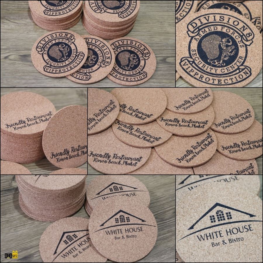 ที่รองแก้วไม้ก๊อก สกรีนโลโก้ฟรี1สี1จุด!! ทำเป็นของพรีเมี่ยมได้