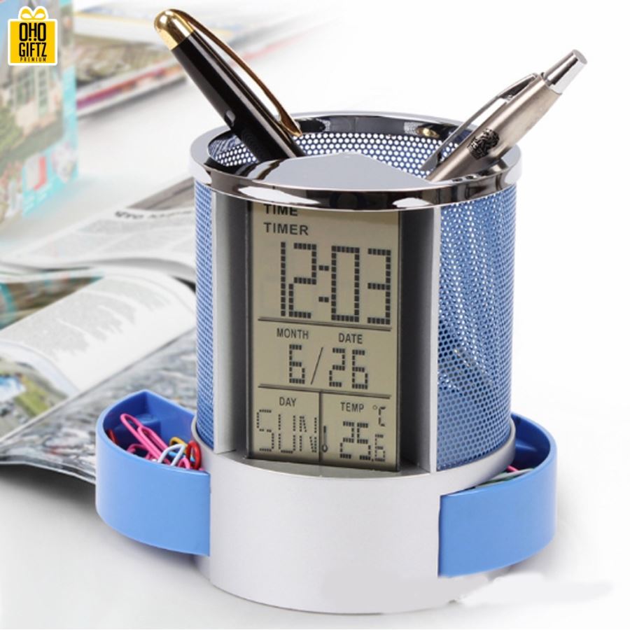 นาฬิกาพร้อมที่ใส่ปากกาทรงกระบอก สกรีนโลโก้ ทำเป็นของพรีเมี่ยมได้