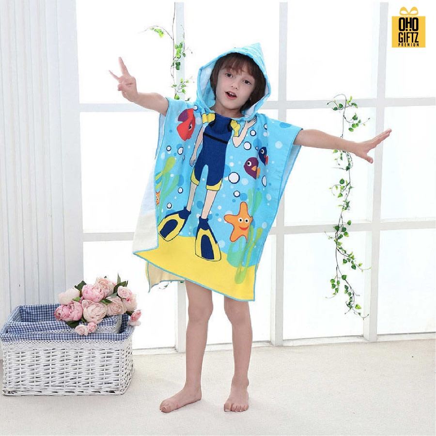 ผ้าเช็ดตัวแบบคลุมใส่สำหรับเด็ก พิมพ์ลายได้ไม่จำกัดสี สกรีนชื่อ สกรีนโลโก้ทำเป็นของพรีเมี่ยมได้