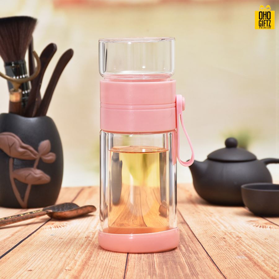 ขวดแก้วสองชั้นมีที่กรองชา สกรีนชื่อ เลเซอร์โลโก้ฟรี  ทำเป็นของพรีเมี่ยมได้