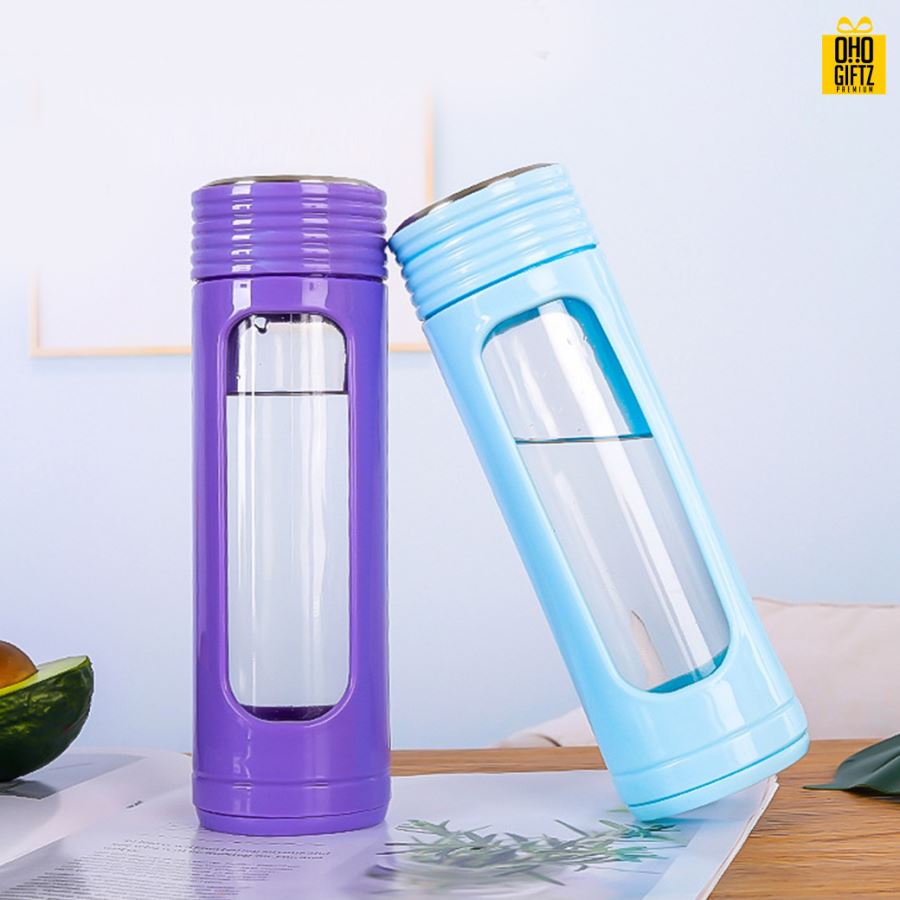 ขวดแก้วสองชั้นปลอกพลาสติก สกรีนชื่อ เลเซอร์โลโก้ฟรี  ทำเป็นของพรีเมี่ยมได้