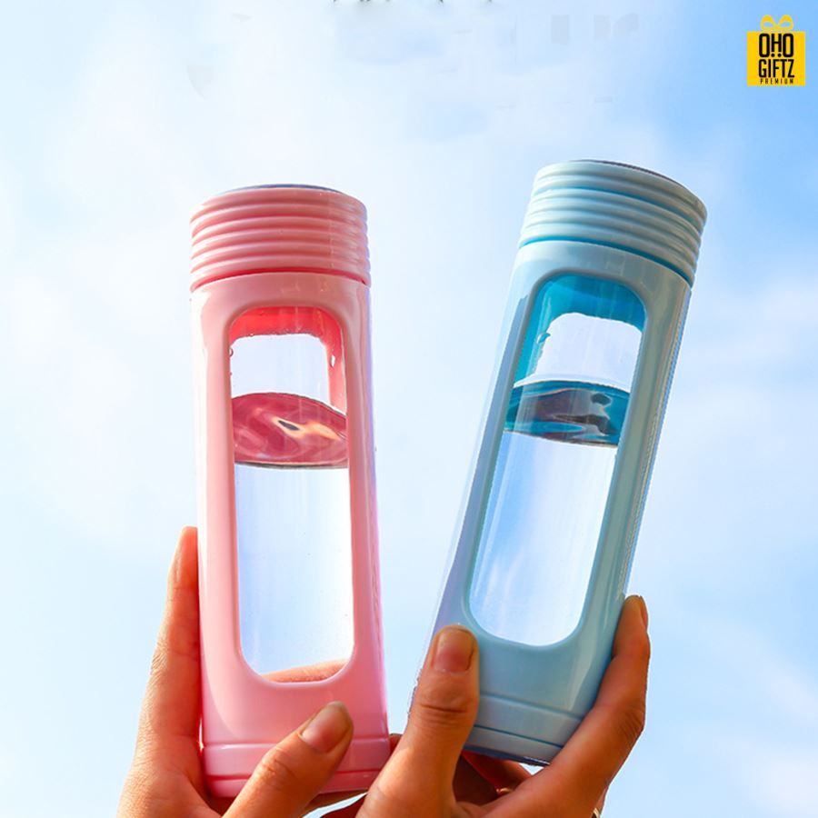 ขวดแก้วสองชั้นปลอกพลาสติก สกรีนชื่อ เลเซอร์โลโก้ฟรี  ทำเป็นของพรีเมี่ยมได้