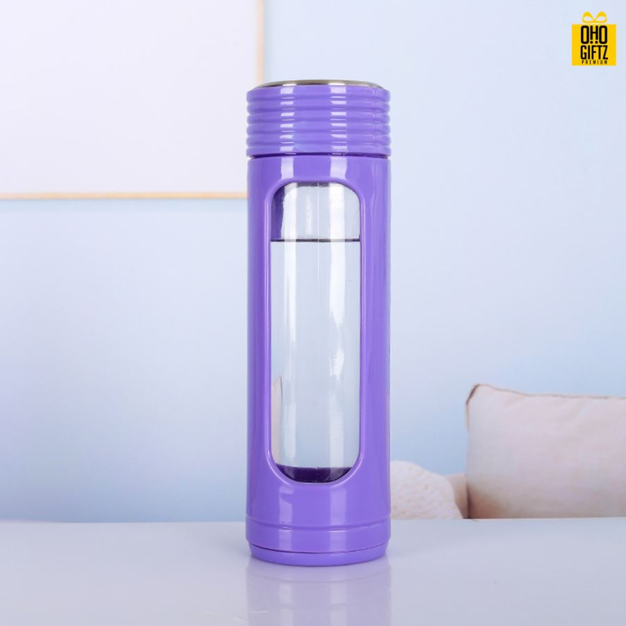 ขวดแก้วสองชั้นปลอกพลาสติก สกรีนชื่อ เลเซอร์โลโก้ฟรี  ทำเป็นของพรีเมี่ยมได้