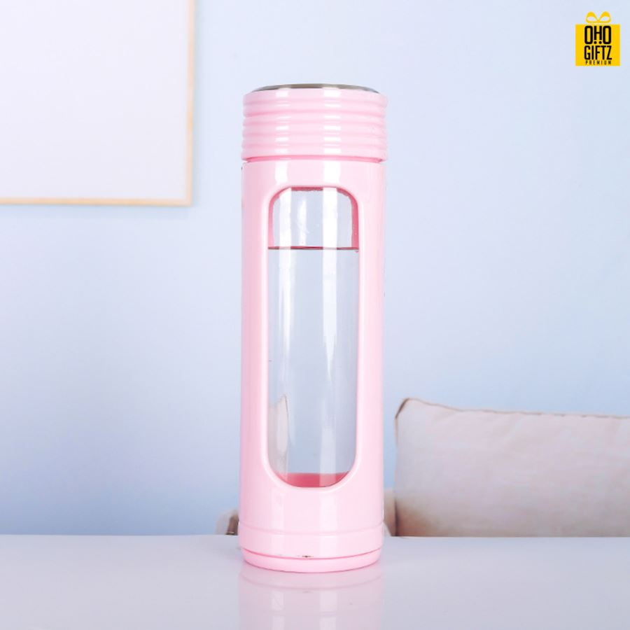 ขวดแก้วสองชั้นปลอกพลาสติก สกรีนชื่อ เลเซอร์โลโก้ฟรี  ทำเป็นของพรีเมี่ยมได้