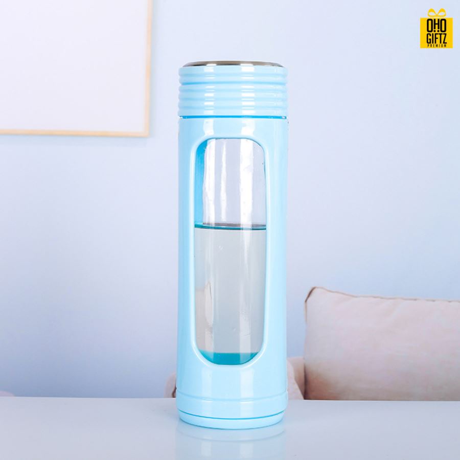 ขวดแก้วสองชั้นปลอกพลาสติก สกรีนชื่อ เลเซอร์โลโก้ฟรี  ทำเป็นของพรีเมี่ยมได้