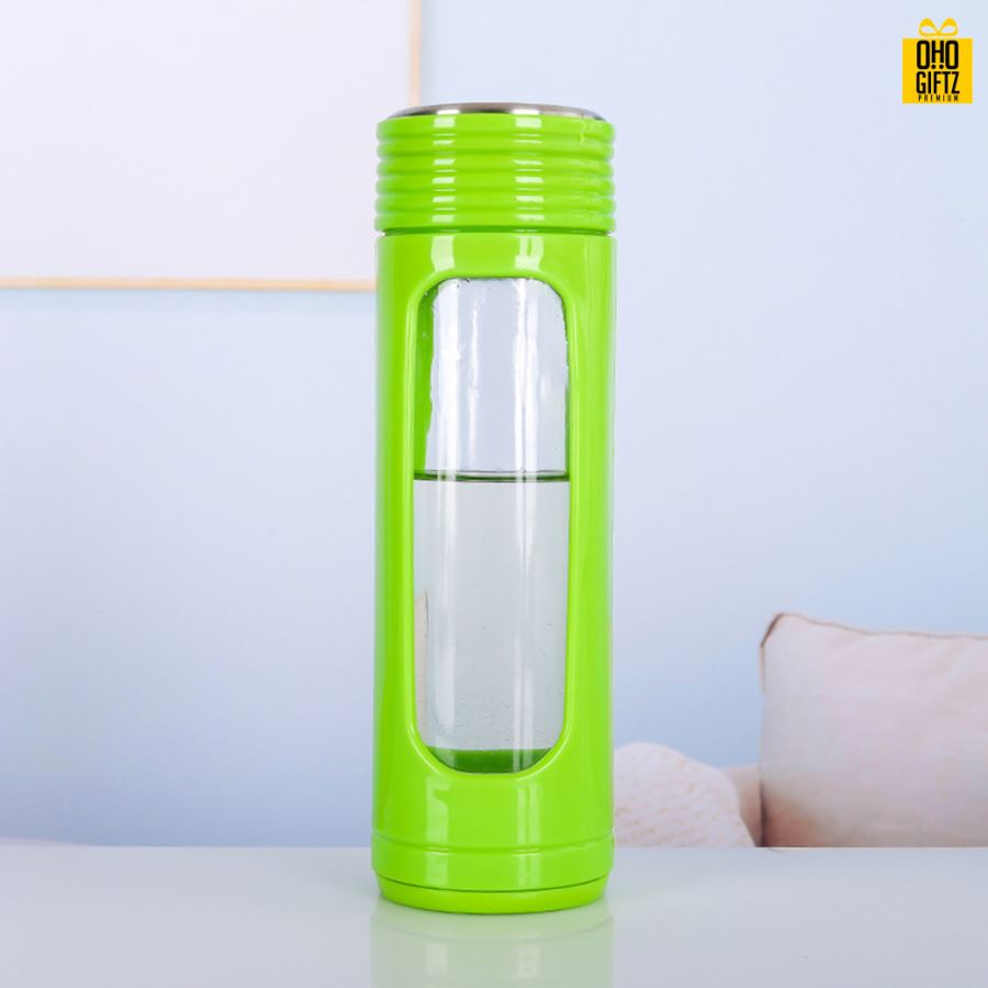 ขวดแก้วสองชั้นปลอกพลาสติก สกรีนชื่อ เลเซอร์โลโก้ฟรี  ทำเป็นของพรีเมี่ยมได้