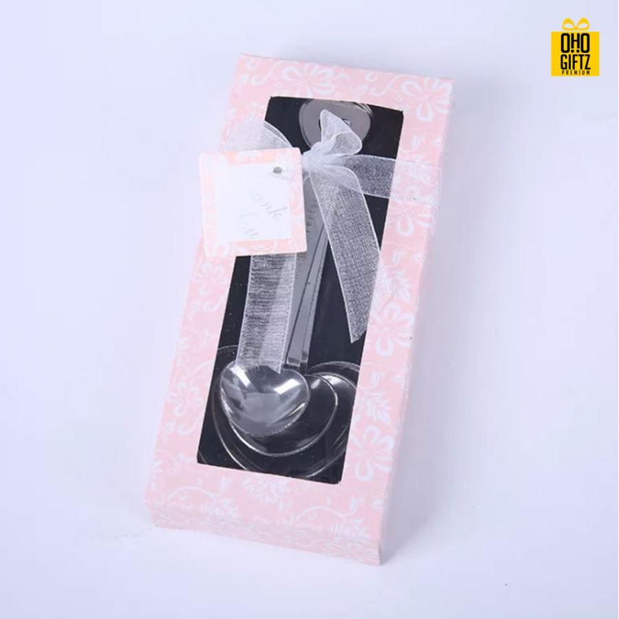 ช้อนตวงรูปหัวใจสแตนเลส พิมพ์สติกเกอร์ชื่อฟรี ทำเป็นของพรีเมี่ยม ของชำร่วยงานเเต่งงานได้