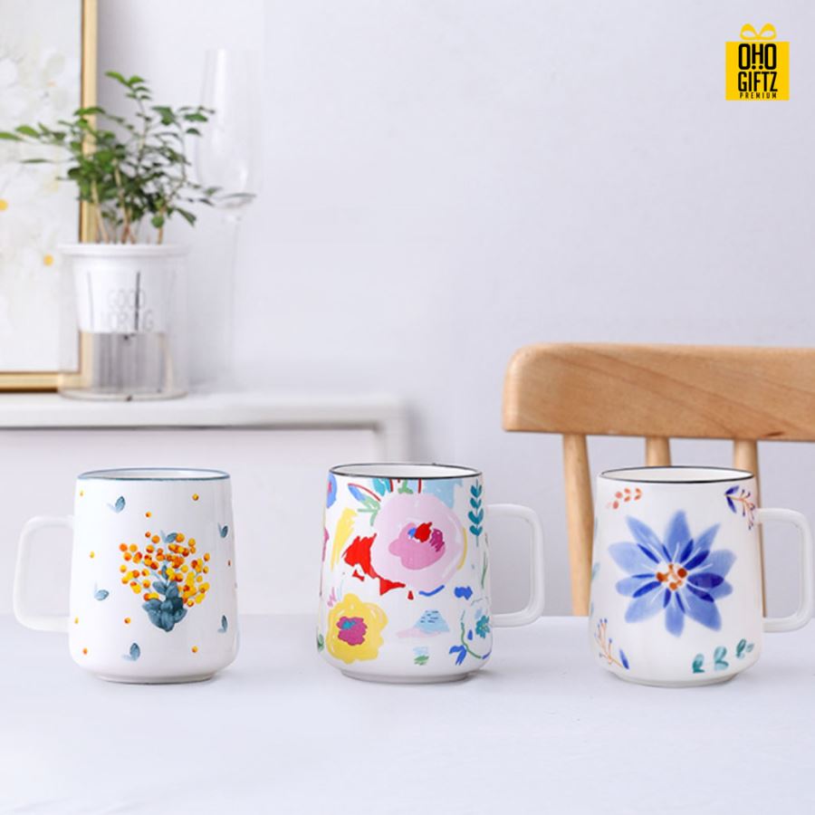 แก้วเซรามิกลายดอกไม้ สกรีนชื่อ สกรีนโลโก้ทำเป็นของพรีเมี่ยมได้