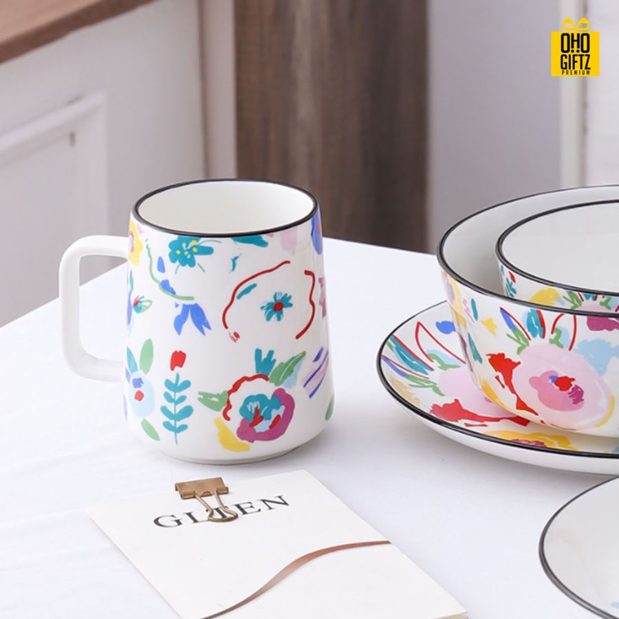 แก้วเซรามิกลายดอกไม้ สกรีนชื่อ สกรีนโลโก้ทำเป็นของพรีเมี่ยมได้