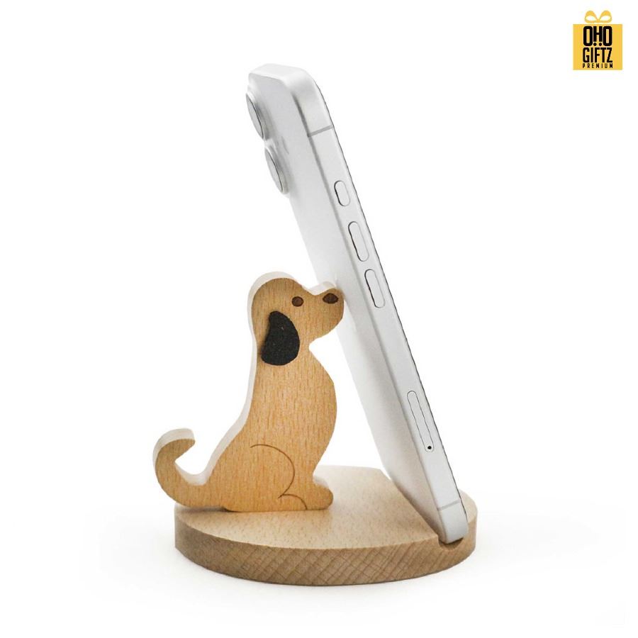 ที่วางมือถือไม้รูปสุนัข สกรีนโลโก้ ทำเป็นของพรีเมี่ยมได้
