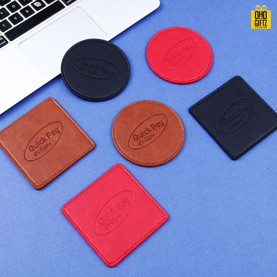 ที่รองแก้วน้ำหนัง PU สกรีนโลโก้ได้ ปั๊มจม เลเซอร์ พิมพ์ภาพได้