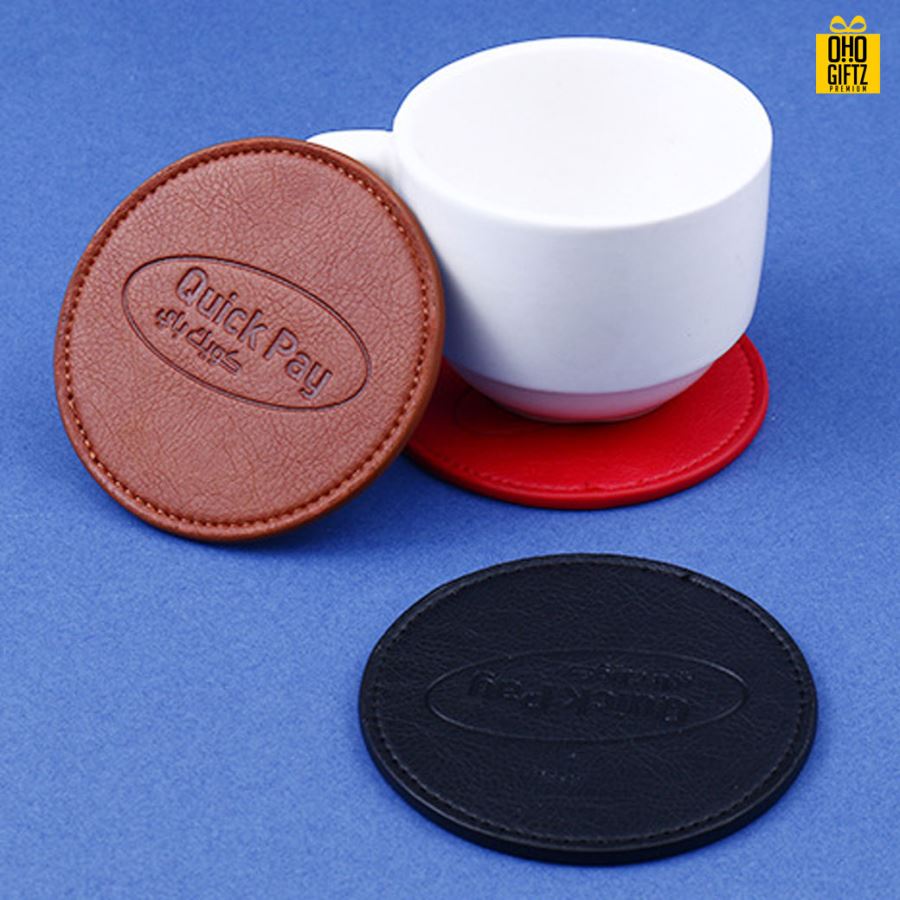 ที่รองแก้วน้ำหนัง PU สกรีนโลโก้ได้ ปั๊มจม เลเซอร์ พิมพ์ภาพได้