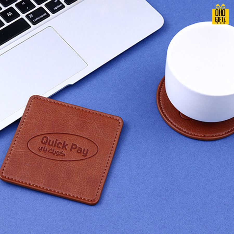 ที่รองแก้วน้ำหนัง PU สกรีนโลโก้ได้ ปั๊มจม เลเซอร์ พิมพ์ภาพได้