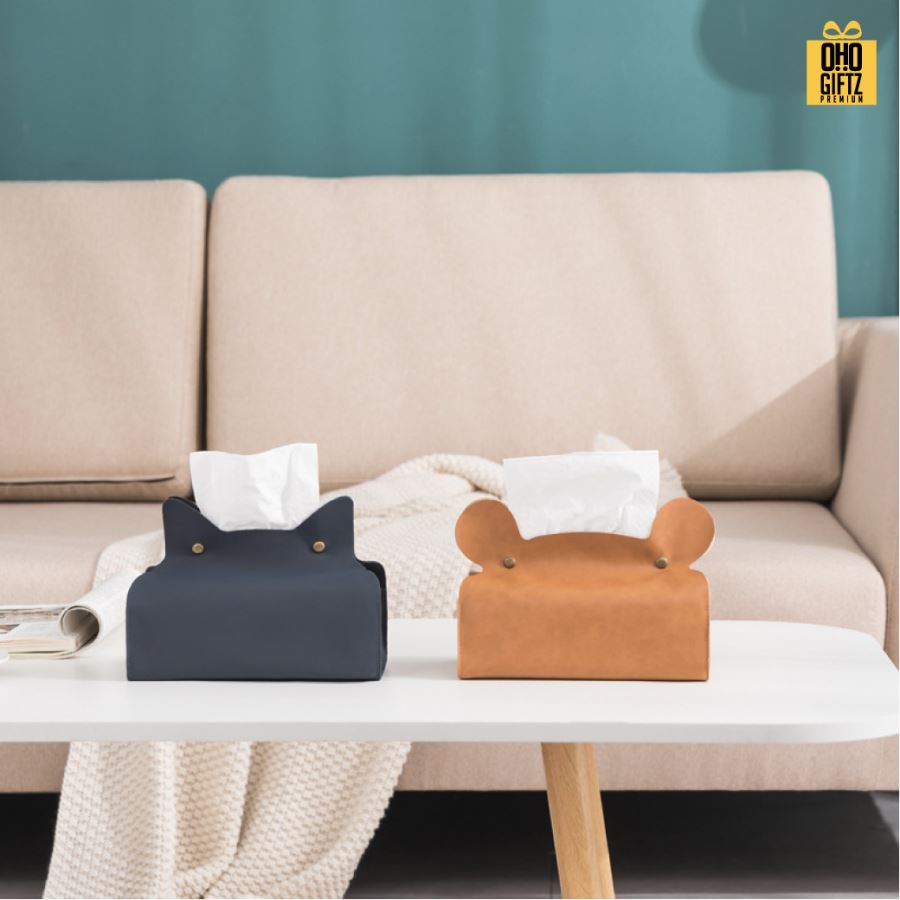 กล่องทิชชู่PU หูหมีและหูแมว สกรีนโลโก้ ทำเป็นของพรีเมี่ยม ของชำร่วยได้