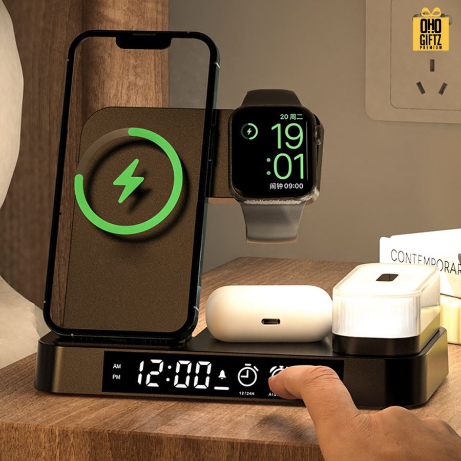 นาฬิกาแท่นชาร์จตั้งโต๊ะแบบ 3in1 สกรีนชื่อ,โลโก้ ทำเป็นของพรีเมี่ยมได้