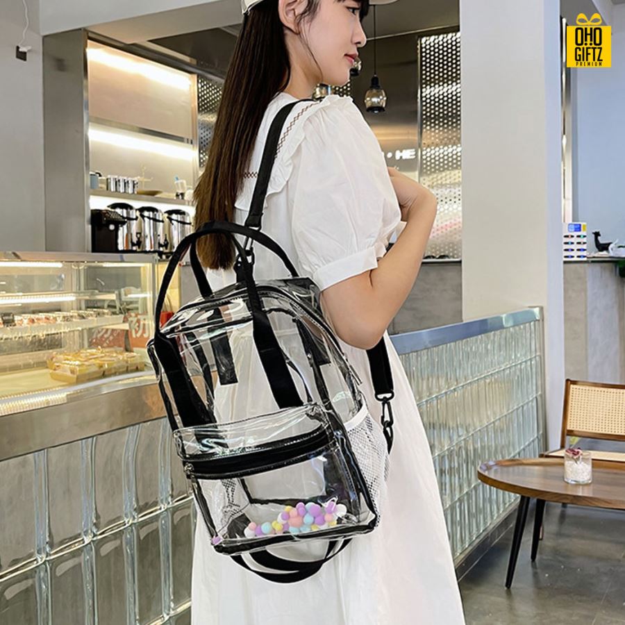 กระเป๋าเป้สะพายหลังสีใส สกรีนโลโก้ ทำเป็นของพรีเมี่ยม