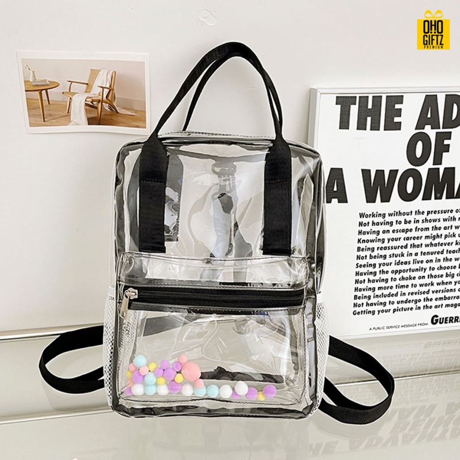 กระเป๋าเป้สะพายหลังสีใส สกรีนโลโก้ ทำเป็นของพรีเมี่ยม