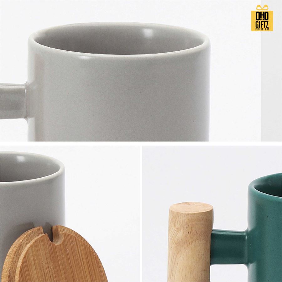 แก้วเซรามิกหูจับไม้ สกรีนชื่อ สกรีนโลโก้ ทำเป็นของพรีเมี่ยมได้