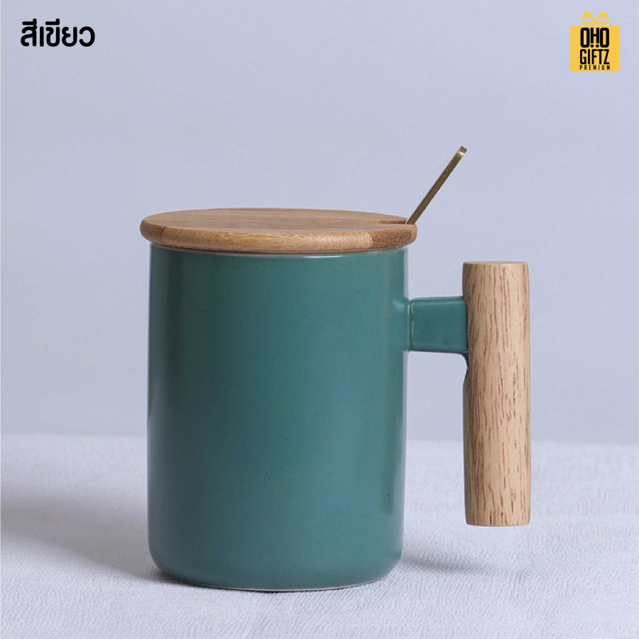 แก้วเซรามิกหูจับไม้ สกรีนชื่อ สกรีนโลโก้ ทำเป็นของพรีเมี่ยมได้