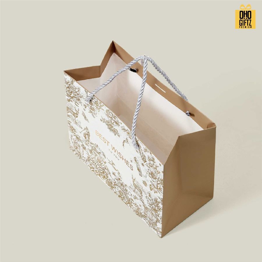 ถุงกระดาษสีทองสวยหรู สกรีนโลโก้ ทำเป็นของพรีเมี่ยมได้