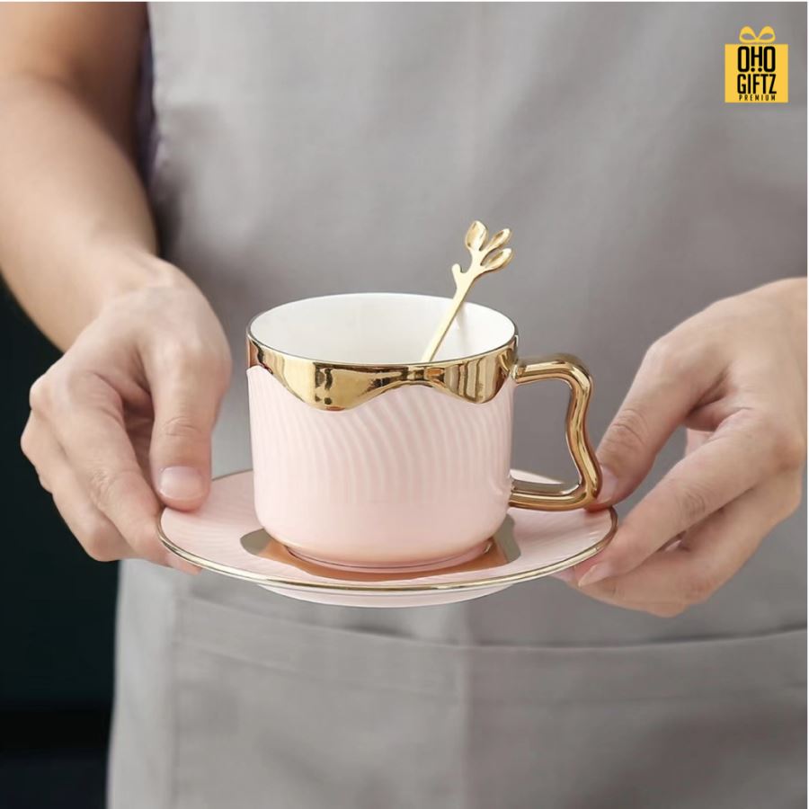 ชุดกาแฟเซรามิกขอบทองหรูหรา สกรีนชื่อ สกรีนโลโก้ ทำเป็นของพรีเมี่ยมได้