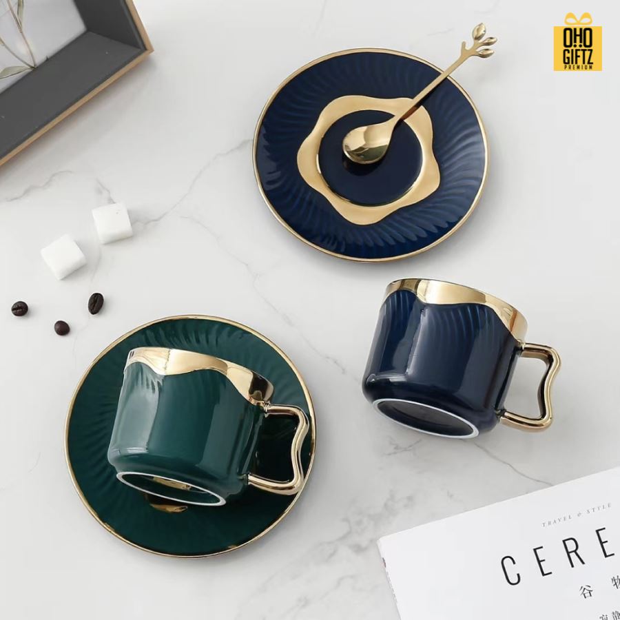 ชุดกาแฟเซรามิกขอบทองหรูหรา สกรีนชื่อ สกรีนโลโก้ ทำเป็นของพรีเมี่ยมได้