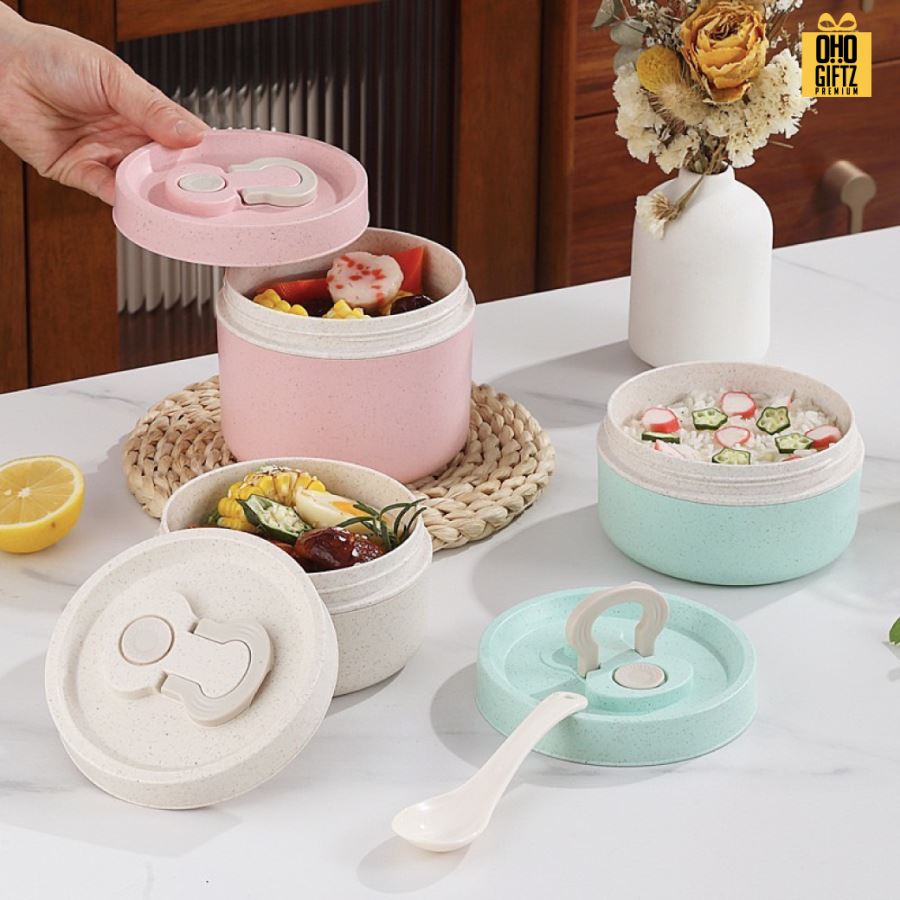 กล่องข้าวทรงกลม ผลิตจากวัสดุฟางข้าว สกรีนชื่อ สกรีนโลโก้ ทำเป็นของพรีเมี่ยมได้