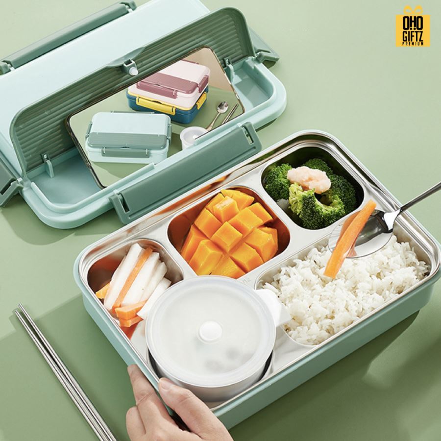 กล่องข้าวสแตนเลสวางมือถือได้ สกรีนโลโก้  ทำเป็นของพรีเมี่ยมได้