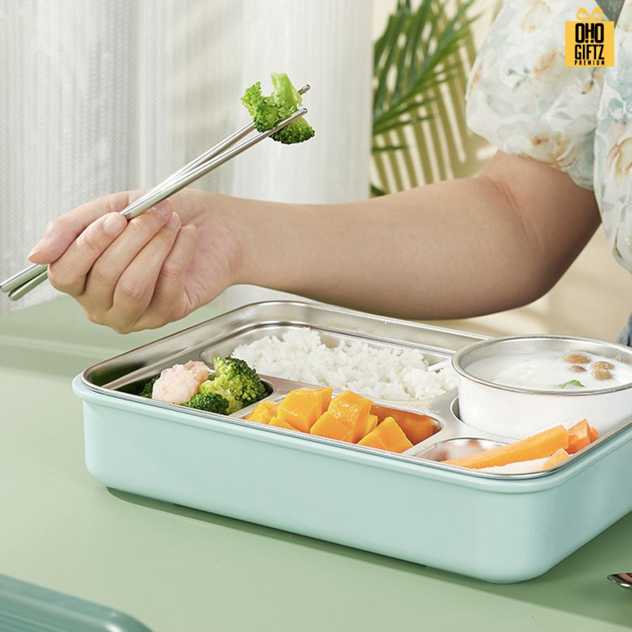 กล่องข้าวสแตนเลสวางมือถือได้ สกรีนโลโก้  ทำเป็นของพรีเมี่ยมได้