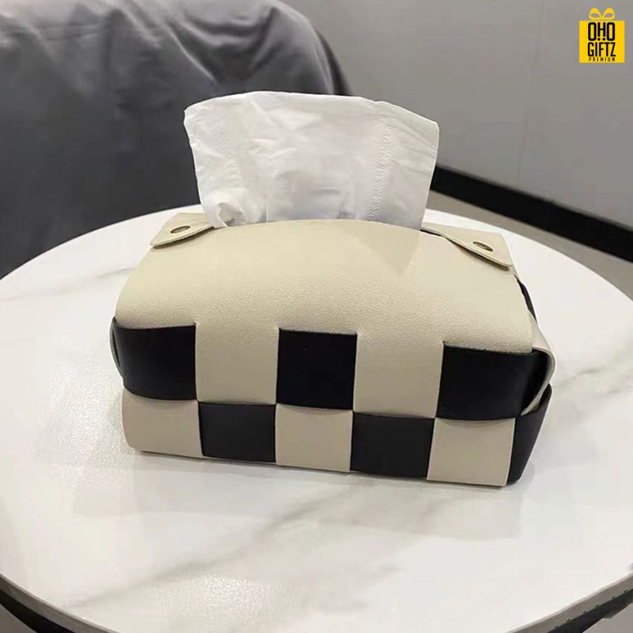 กล่องกระดาษทิชชู่ลายตารางหมากรุก สกรีนโลโก้ ทำเป็นของพรีเมี่ยม ของชำร่วยได้